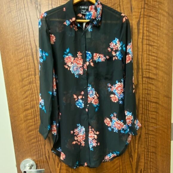 TIMING academia professor teacher sheer chiffon black floral button down blouse - Picture 8 of 8